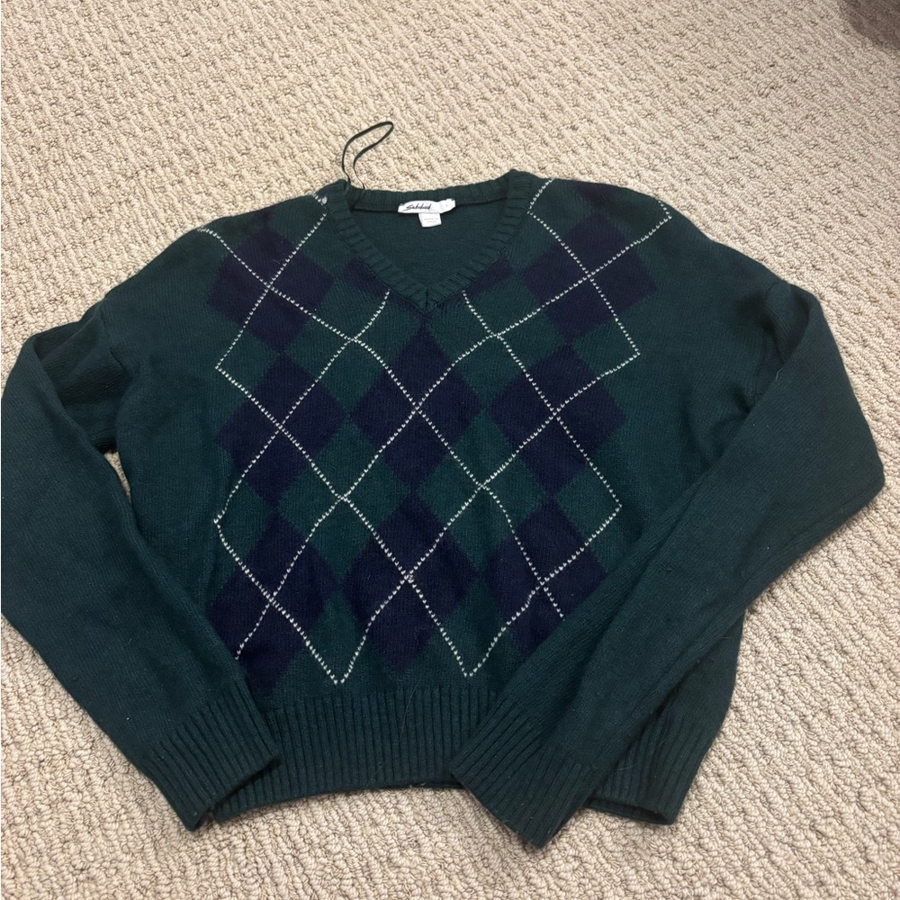 Green and Navy Argyle V-Neck Sweater